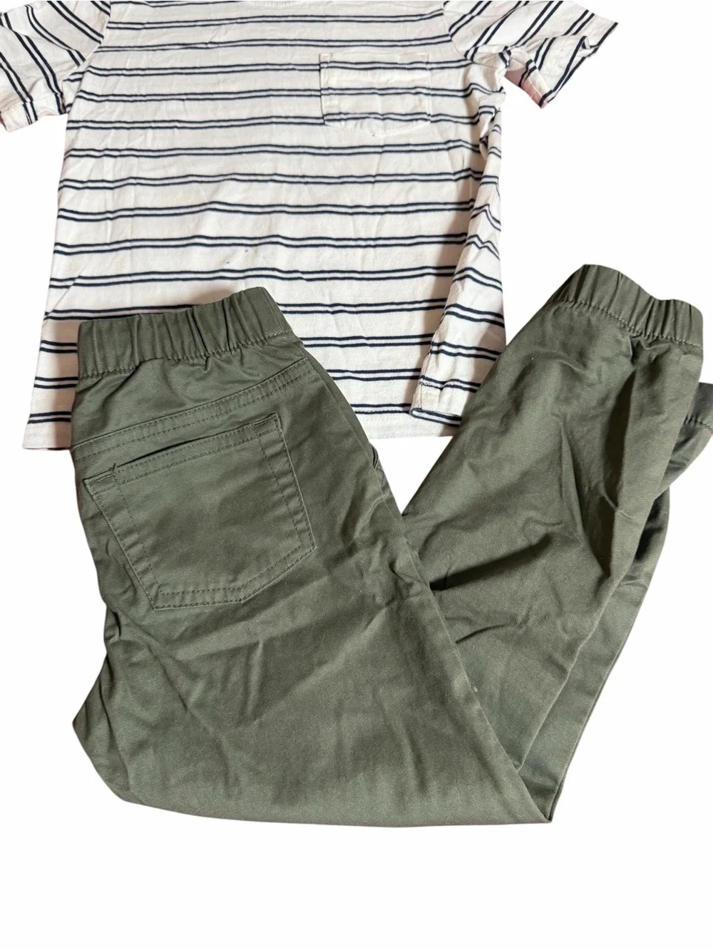Boys Striped White & Navy Tee with Olive Jogger Pants Set Size 4